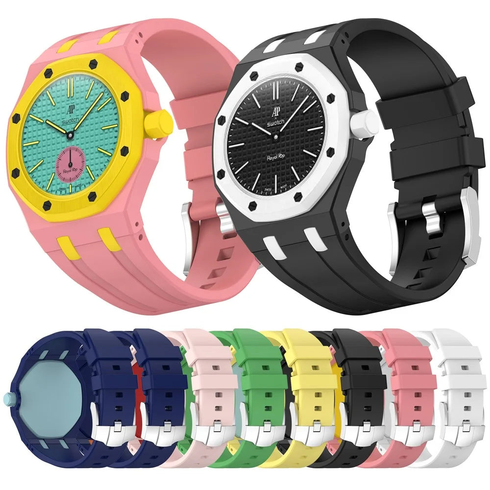 For Swatch Royal Pop Watch Strap Soft Silicone Watchband with Integrated Watch Case - Black+White - 5