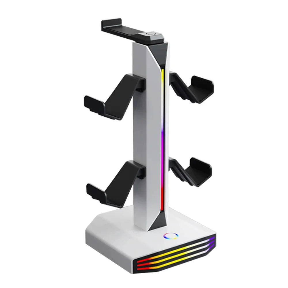 8006 RGB Gaming Controller Holder with Headphone Stand USB Charging Ports 360 Degree Rotatable Desk Organizer - White - 1