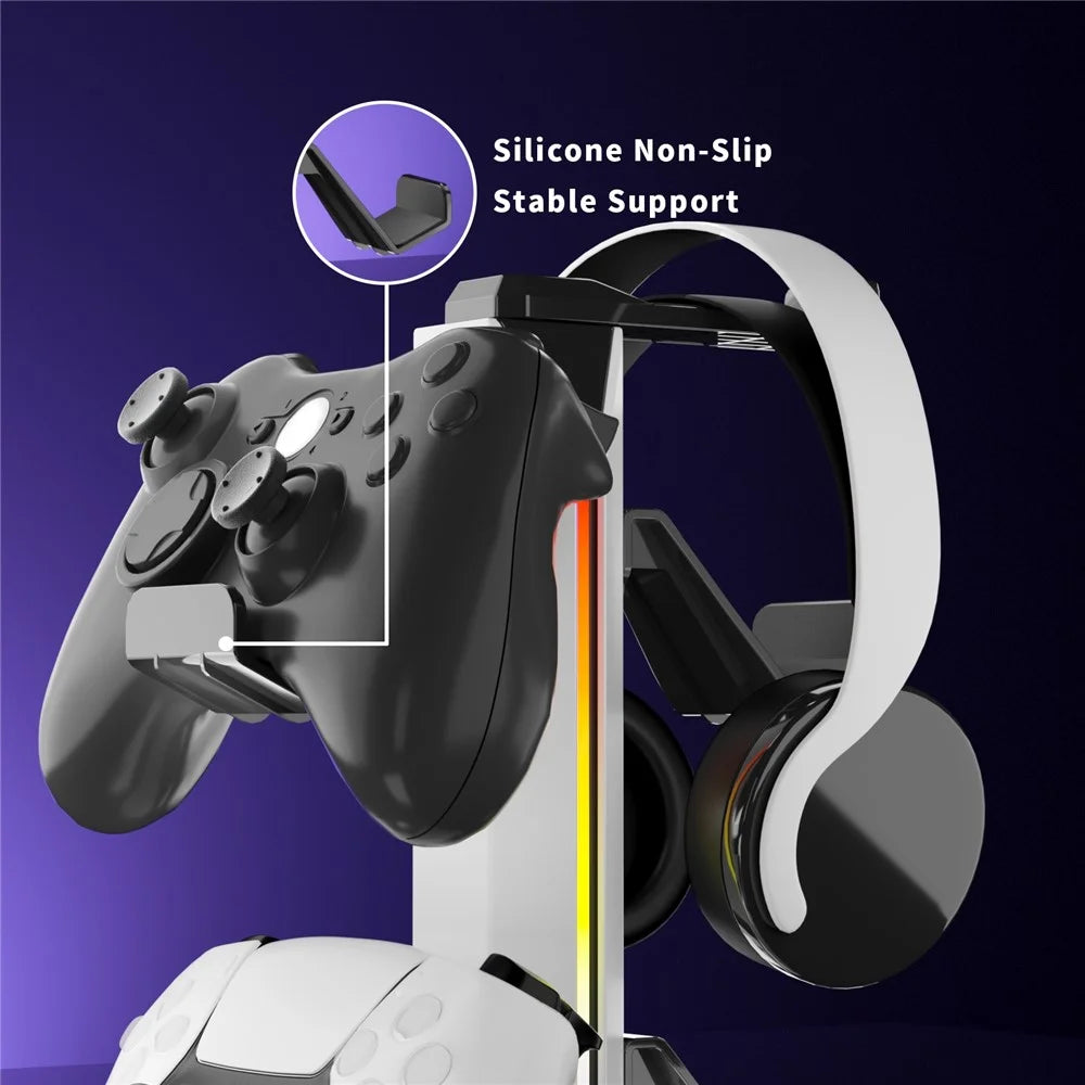 8006 RGB Gaming Controller Holder with Headphone Stand USB Charging Ports 360 Degree Rotatable Desk Organizer - White - 2