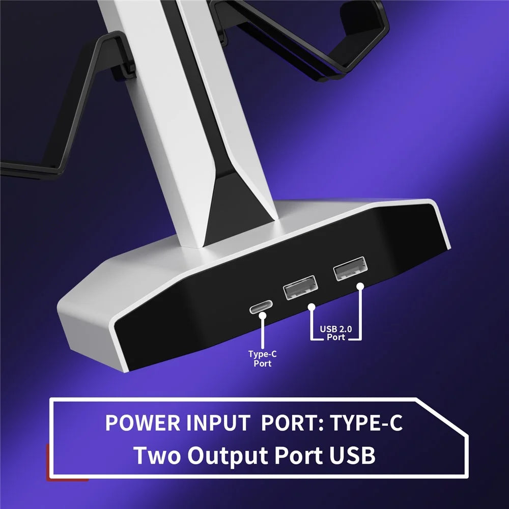 8006 RGB Gaming Controller Holder with Headphone Stand USB Charging Ports 360 Degree Rotatable Desk Organizer - White - 4
