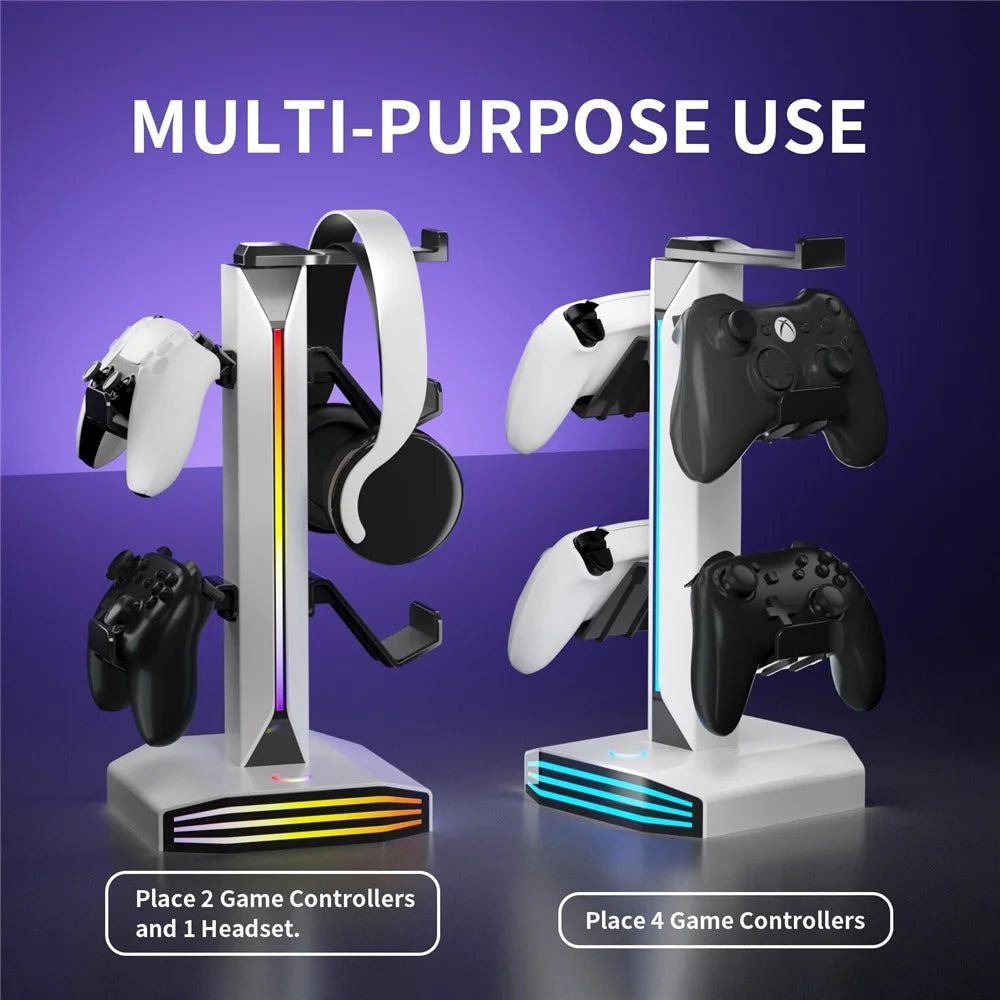 8006 RGB Gaming Controller Holder with Headphone Stand USB Charging Ports 360 Degree Rotatable Desk Organizer - White - 5