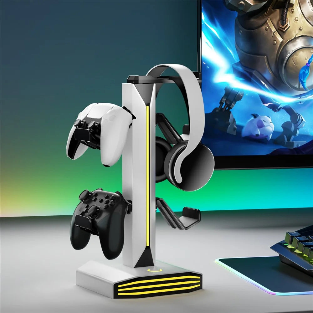 8006 RGB Gaming Controller Holder with Headphone Stand USB Charging Ports 360 Degree Rotatable Desk Organizer - White - 6