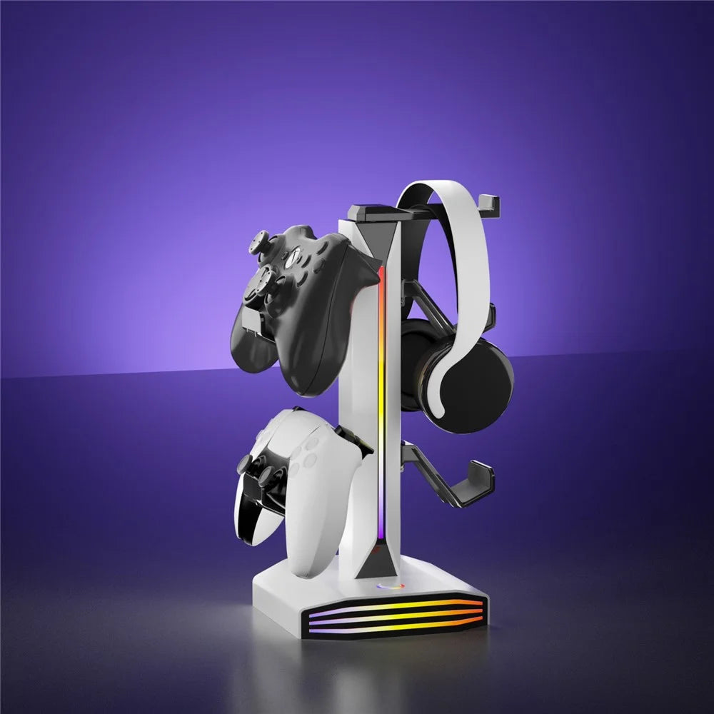 8006 RGB Gaming Controller Holder with Headphone Stand USB Charging Ports 360 Degree Rotatable Desk Organizer - White - 7