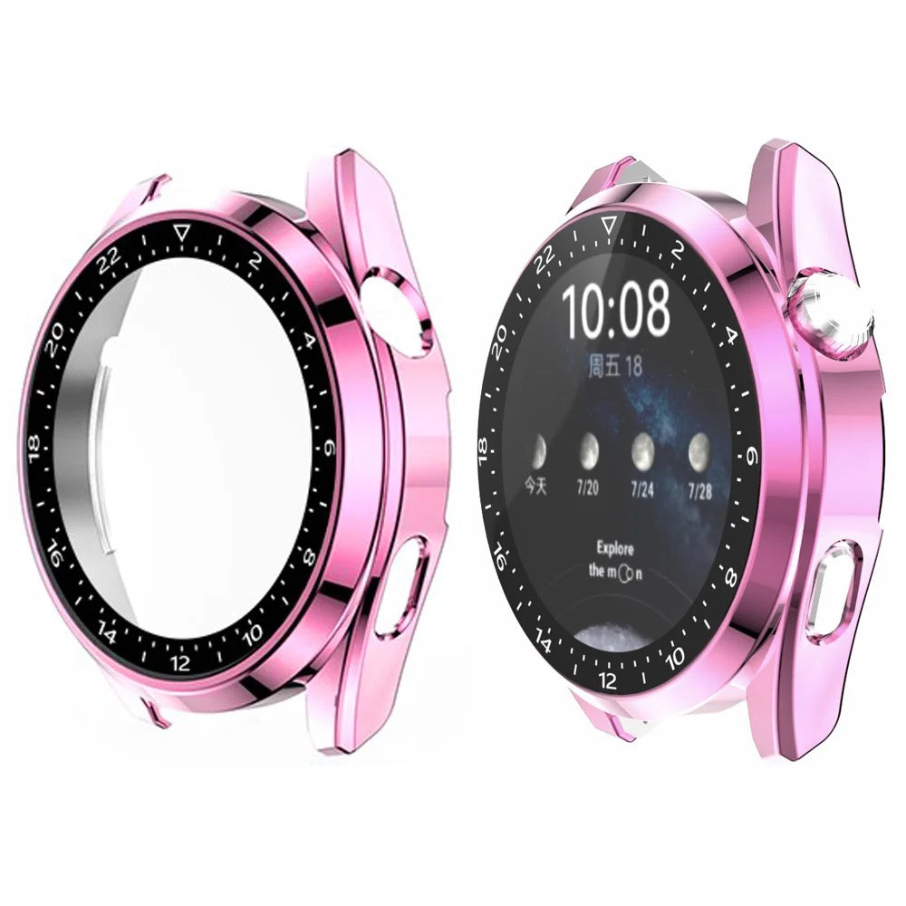 Scale Design Smart Watch Electroplated PC Frame Case with Tempered Glass Screen Protector for Huawei Watch 3 - Pink - 1