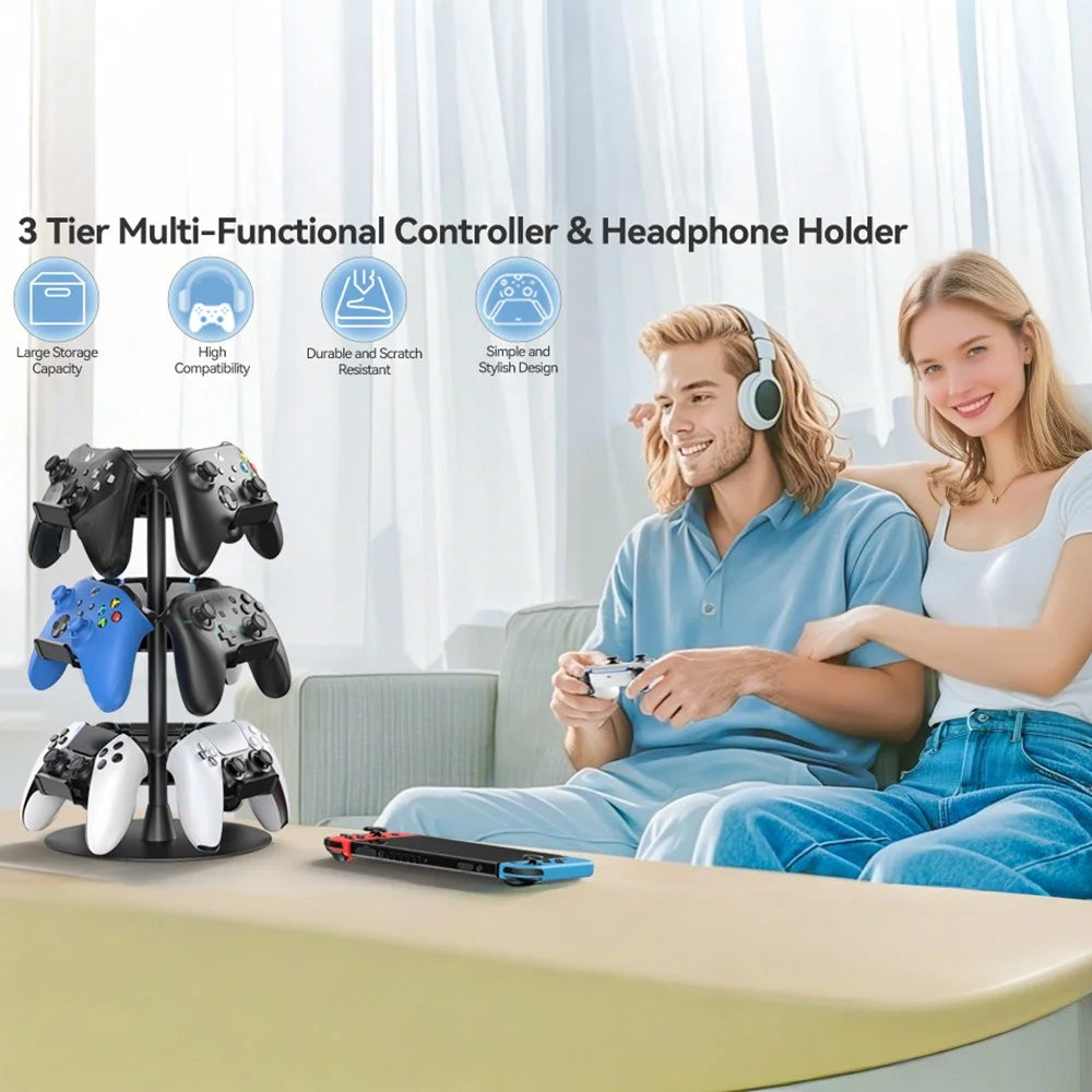 8002 3-Tier Game Controller Stand for Xbox  /  PS5  /  Nintendo Switch 360 Degree Rotating Multi-Functional Gaming Controller & Headphone Holder - Black - 2