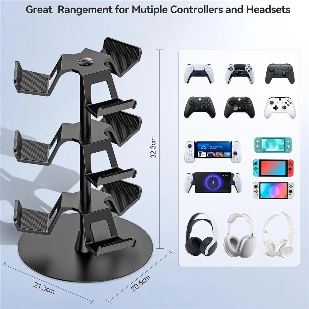 8002 3-Tier Game Controller Stand for Xbox  /  PS5  /  Nintendo Switch 360 Degree Rotating Multi-Functional Gaming Controller & Headphone Holder - Black - 6