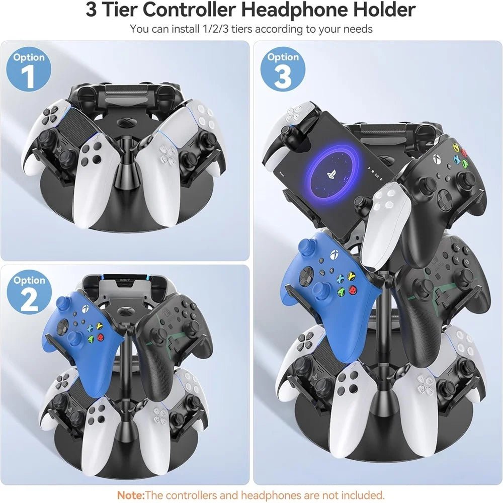 8002 3-Tier Game Controller Stand for Xbox  /  PS5  /  Nintendo Switch 360 Degree Rotating Multi-Functional Gaming Controller & Headphone Holder - Black - 7