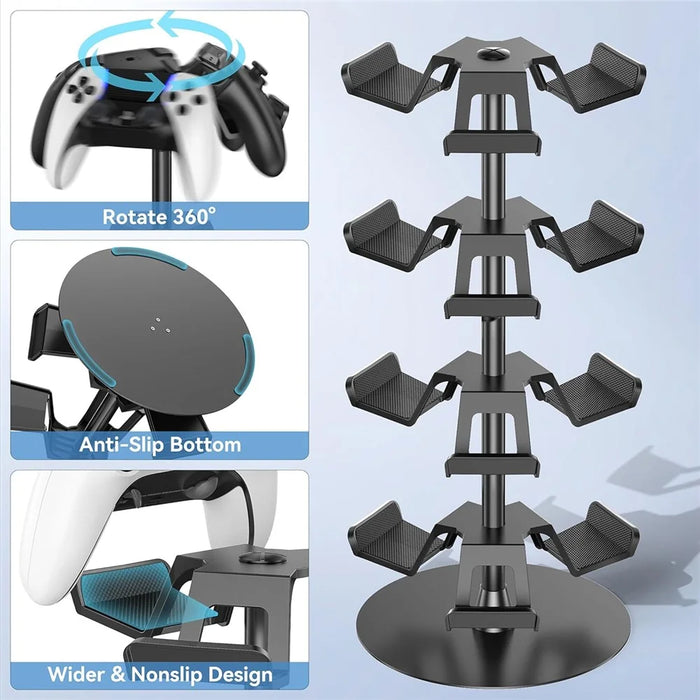 8002 4-Tier Game Controller Stand for Xbox  /  PS5  /  Nintendo Switch 360 Degree Rotating Multi-Functional Gaming Controller & Headphone Holder - Black - 6