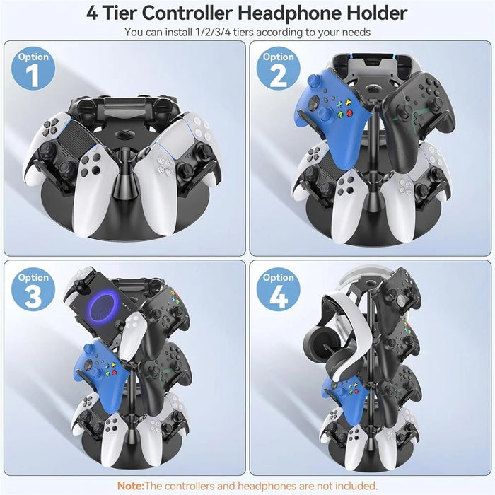 8002 4-Tier Game Controller Stand for Xbox  /  PS5  /  Nintendo Switch 360 Degree Rotating Multi-Functional Gaming Controller & Headphone Holder - Black - 7
