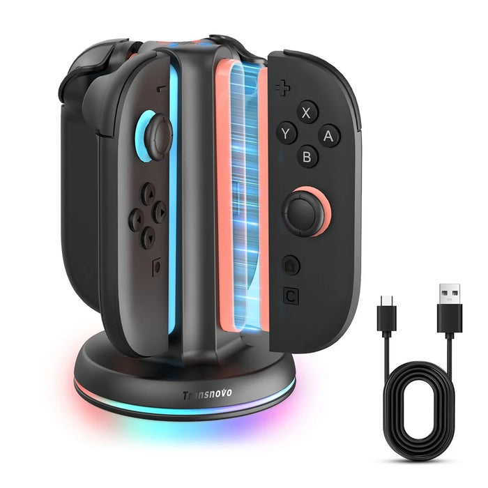 TRANSNOVO S73-002 4-in-1 Charging Dock for Nintendo Switch 2 Joy-Con Controllers RGB LED Touch Control Type-C Fast Charging Station - Black - 1