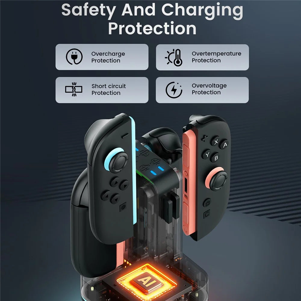 TRANSNOVO S73-003 4-in-1 Charging Dock for Nintendo Switch 2 Joy-Con Controllers RGB Lighting Game Card Storage Charging Station - Black - 4