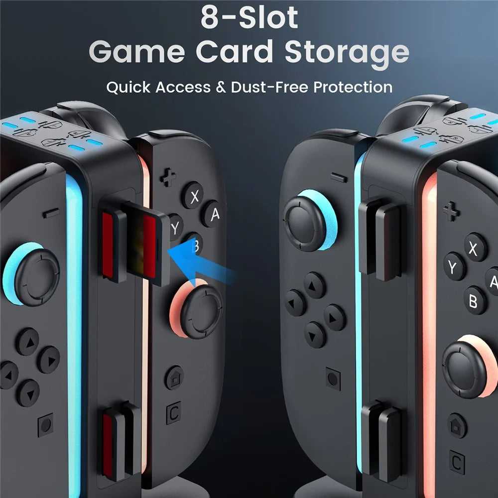 TRANSNOVO S73-003 4-in-1 Charging Dock for Nintendo Switch 2 Joy-Con Controllers RGB Lighting Game Card Storage Charging Station - Black - 6