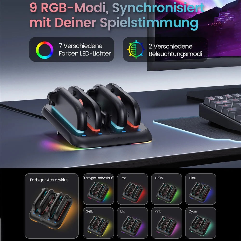 TRANSNOVO S73-004 4-in-1 Charging Dock for Nintendo Switch 2 Joy-Con Controllers RGB LED Magnetic Game Card Storage Charging Station - Black - 5