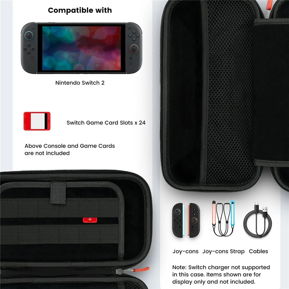 TRANSNOVO S73-011 Carrying Case for Nintendo Switch 2 Hard Shell EVA Travel Bag 24 Game Card Slots Protective Storage Pouch - Black - 3