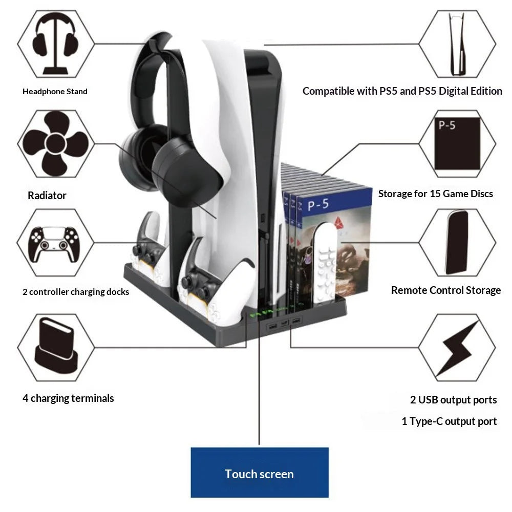 IPLAY HBP-271 For Sony PlayStation 5 Cooling Stand Dual Controller Charging Station Game Disc Storage Headset Holder Desktop Organizer - Black - 3