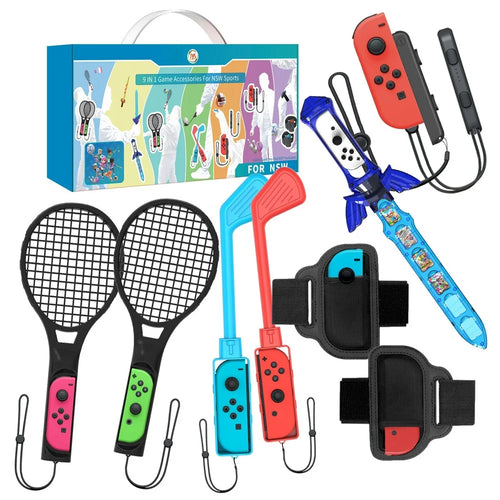 JYS NS236 For Nintendo Switch Joy-Con Controller Sports Racket Golf Club Sword Leg Strap Wrist Band 9 in 1 Game Accessories Set - 1