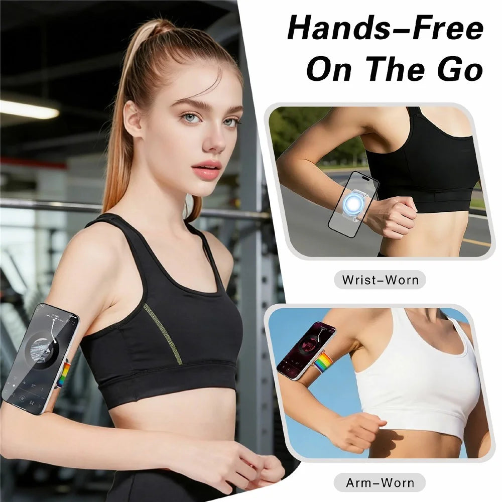 Magnetic Wristband Phone Stand MagSafe-Compatible Mirror Phone Holder Support for Makeup Navigation Sports - White+Rainbow Wristband with Black Edging - 2