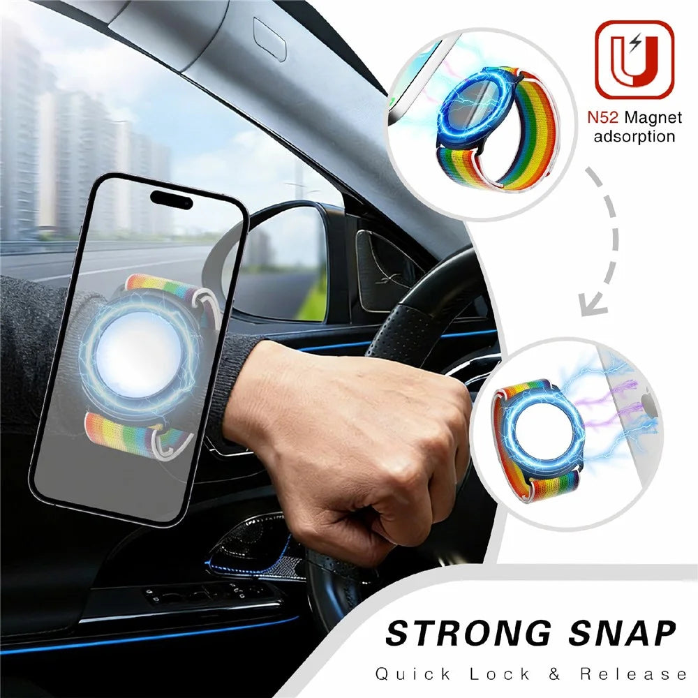 Magnetic Wristband Phone Stand MagSafe-Compatible Mirror Phone Holder Support for Makeup Navigation Sports - White+Rainbow Wristband with Black Edging - 4