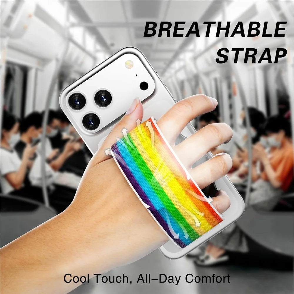 Magnetic Wristband Phone Stand MagSafe-Compatible Mirror Phone Holder Support for Makeup Navigation Sports - White+Rainbow Wristband with Black Edging - 6