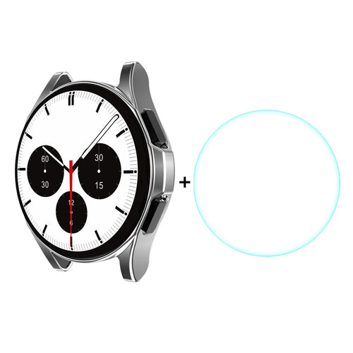 ENKAY HAT PRINCE Electroplating TPU Watch Case Cover with 0.2mm 2.15D 9H Tempered Glass Screen Protector for Samsung Galaxy Watch4 Classic 42mm - Silver - 1