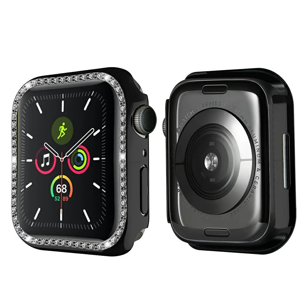 For Apple Watch Series 9 / 8 / 7 41mm Shiny Rhinestones PC Smart Watch Case Cover Frame Protector - Black - 1