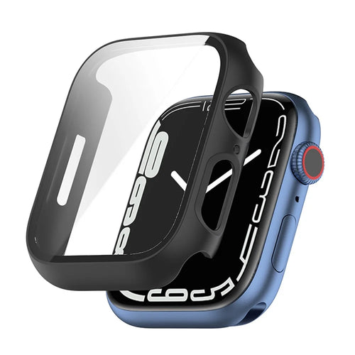 PC Frame with Tempered Glass Screen Protector Watch Case Cover for Apple Watch Series 9 / 8 / 7 45mm - Black - 1
