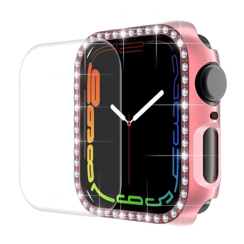 ENKAY HAT PRINCE Electroplating Rhinestone PC Hard Watch Case Cover with PET Full Screen Protector for Apple Watch Series 9 / 8 / 7 45mm - Pink - 1
