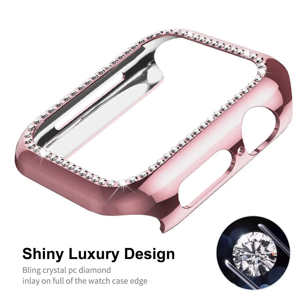 ENKAY HAT PRINCE Electroplating Rhinestone PC Hard Watch Case Cover with PET Full Screen Protector for Apple Watch Series 9 / 8 / 7 45mm - Pink - 3