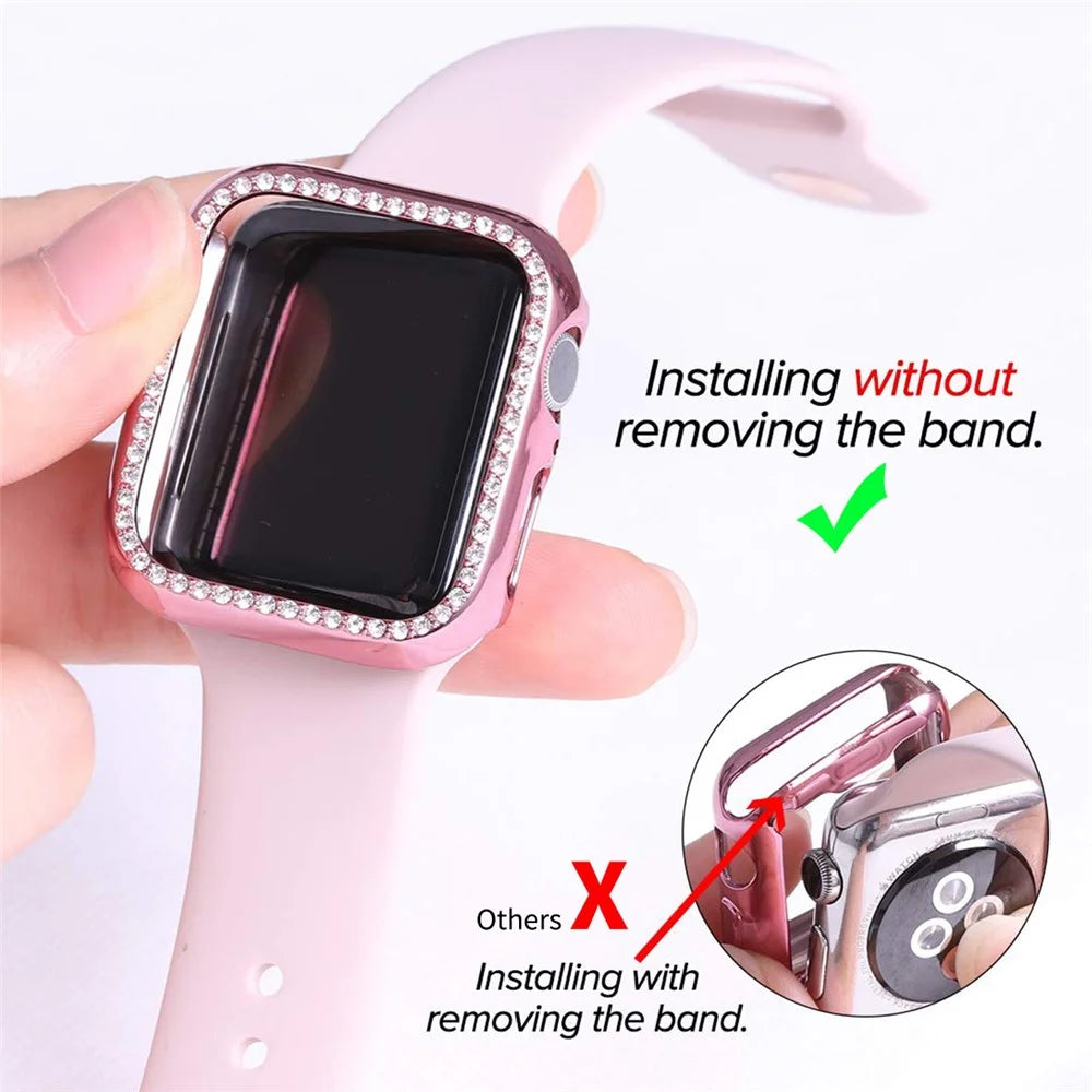 ENKAY HAT PRINCE Electroplating Rhinestone PC Hard Watch Case Cover with PET Full Screen Protector for Apple Watch Series 9 / 8 / 7 45mm - Pink - 5