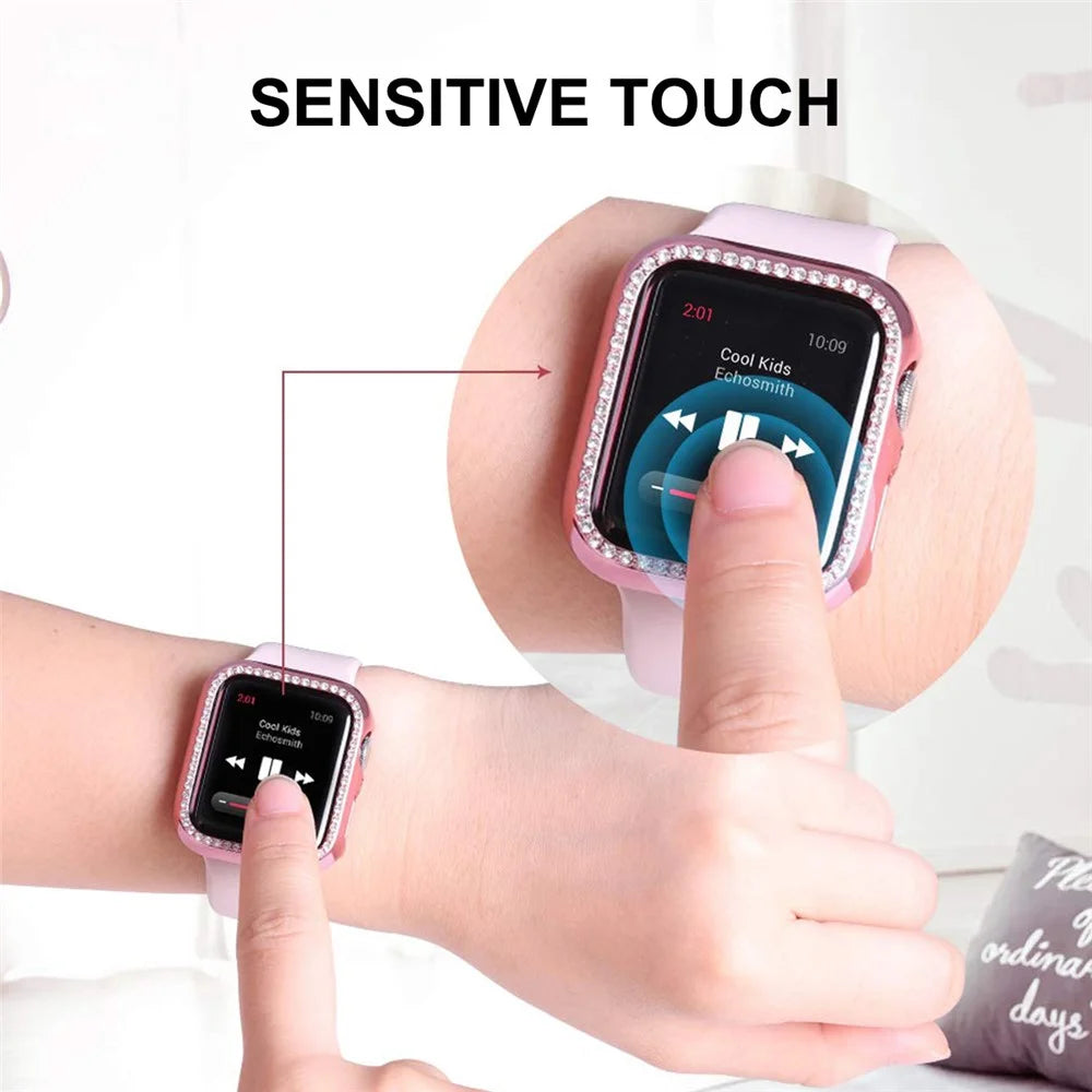 ENKAY HAT PRINCE for Apple Watch Series 9 / 8 / 7 41mm Rhinestone Decor Electroplating Hard PC Watch Case Cover with Full Coverage Curved PET Screen Protector - Pink - 6