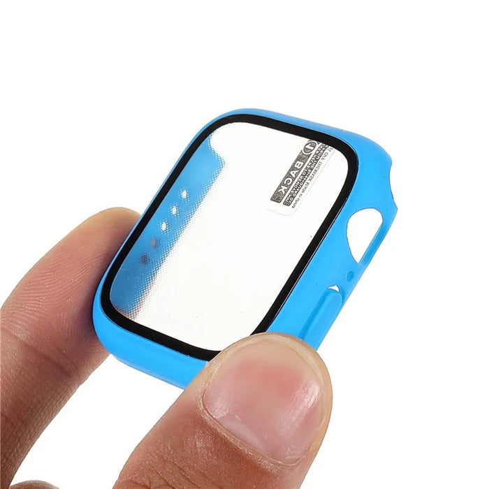 For Apple Watch Series 9 / 8 / 7 41mm Rubberized Matte Anti-drop PC Smart Watch Case Cover with Tempered Glass Screen Protector - Dark Blue - 5