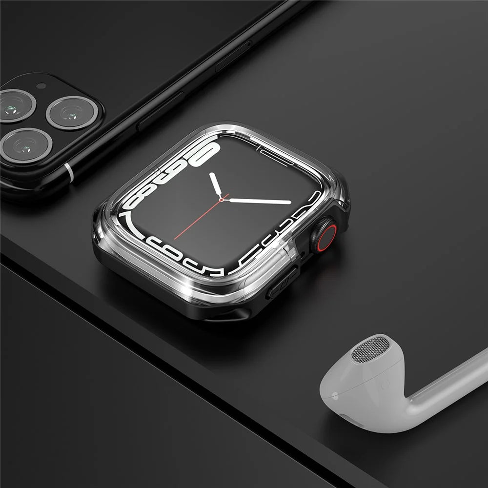 For Apple Watch Series 9 / 8 / 7 45mm Transparent Dual-color TPU+PC Smart Watch Case Protective Cover - Transparent / Black - 7