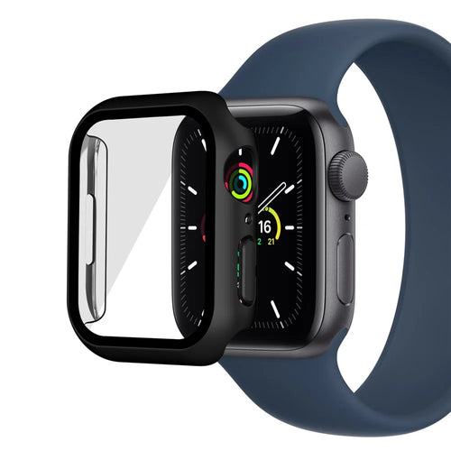 Matte PC Watch Case for Apple Watch Series 9 / 8 / 7 41mm Electroplating Watch Cover Protector with Tempered Glass Screen Protector - Black - 1