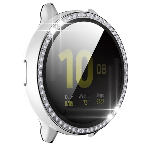For Samsung Galaxy Watch Active2 44mm Dual-color PC Rhinestone Decor Smart Watch Case Cover with Tempered Glass Screen Film - White/Silver - 1