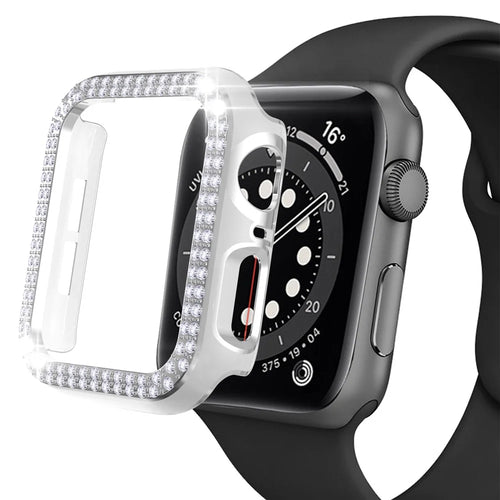 For Apple Watch Series 4 / 5 / 6 44mm / SE 44mm / SE (2022) 44mm Fashion Electroplating Two Row Rhinestones Decor Smart Watch Half Case PC Anti-collision Cover - White / Silver - 1
