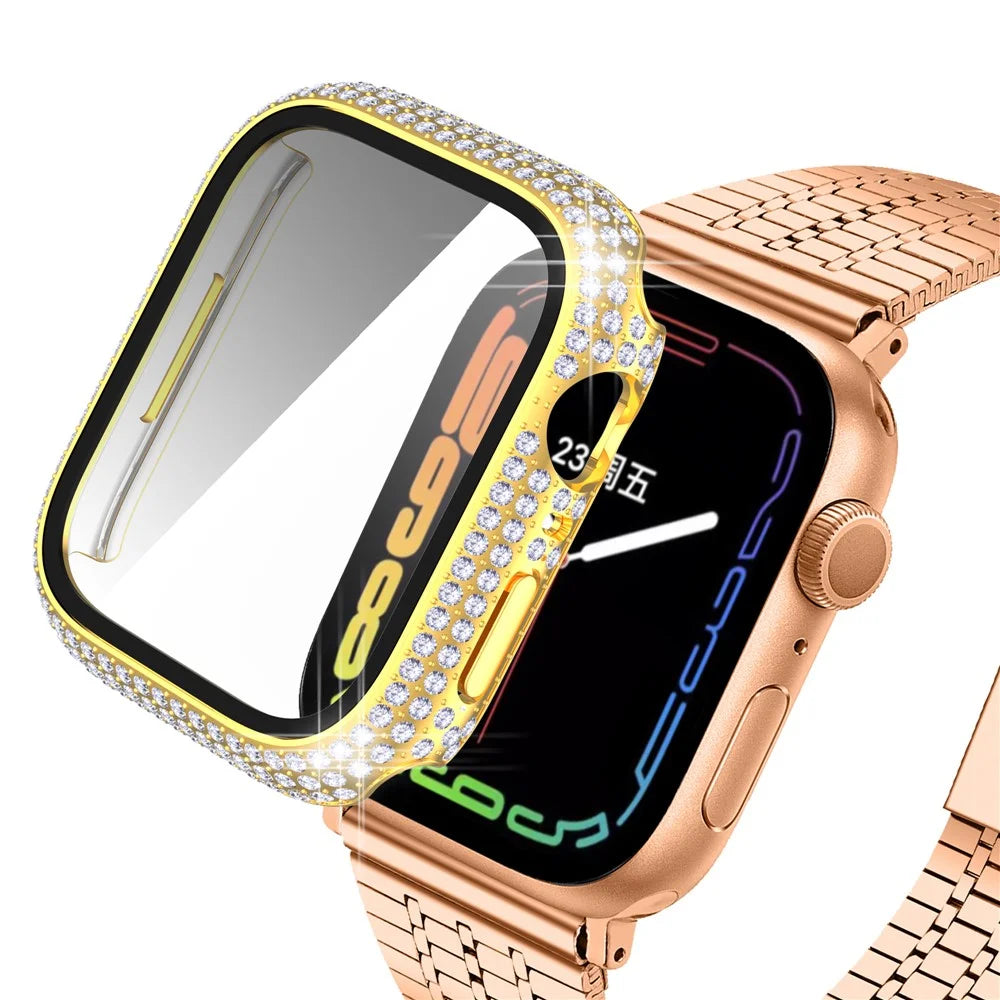 For Apple Watch Series 9 / 8 / 7 41mm Rhinestone Decorated PC  Watch Case with Anti-scratch Tempered Glass Screen Protector - Gold - 1