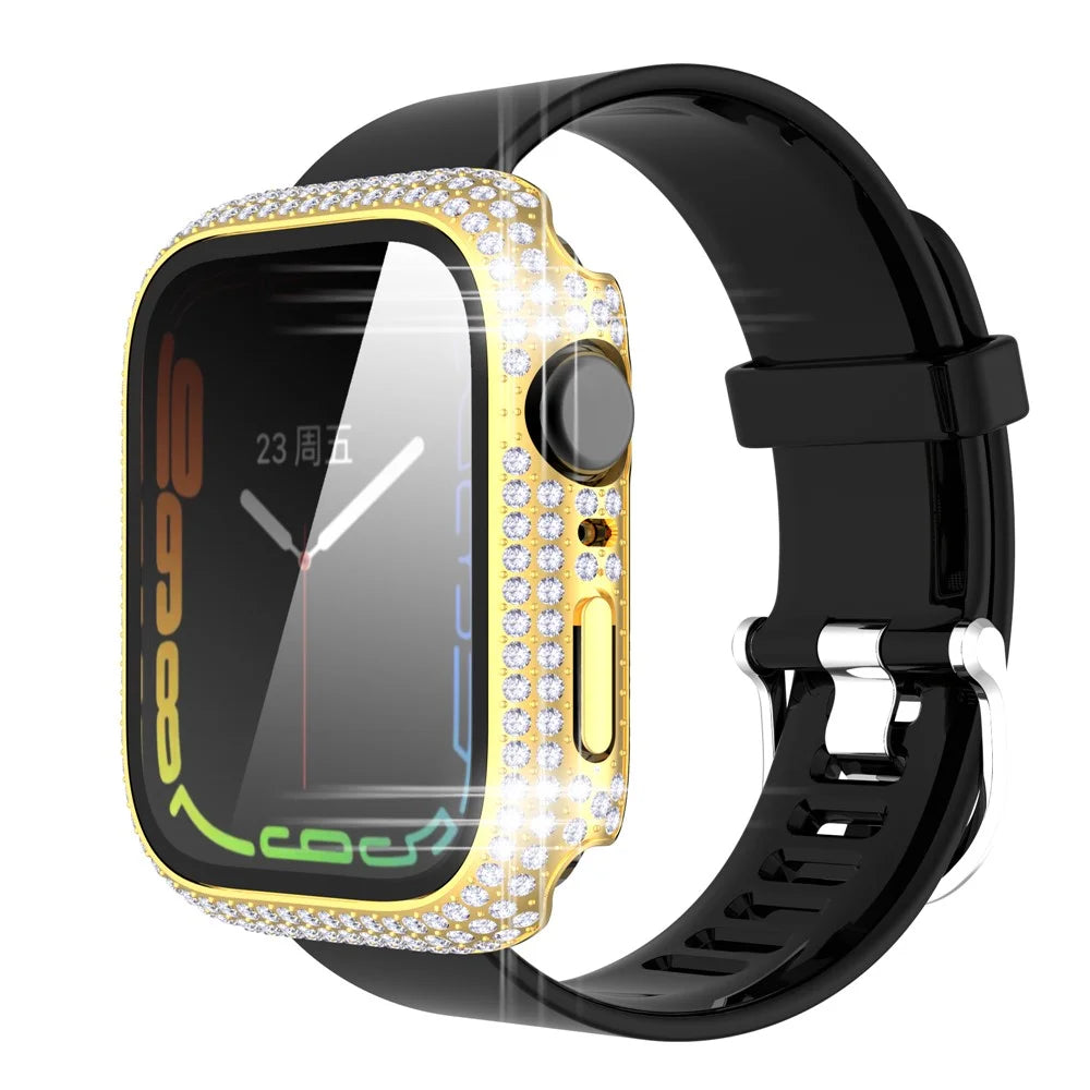 For Apple Watch Series 9 / 8 / 7 41mm Rhinestone Decorated PC  Watch Case with Anti-scratch Tempered Glass Screen Protector - Gold - 2