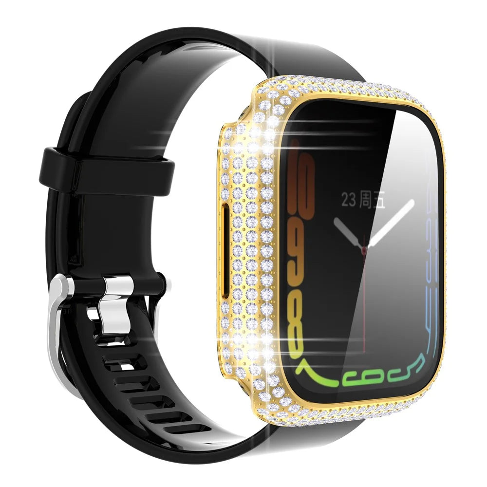 For Apple Watch Series 9 / 8 / 7 41mm Rhinestone Decorated PC  Watch Case with Anti-scratch Tempered Glass Screen Protector - Gold - 3