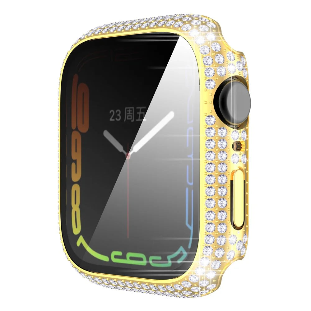 For Apple Watch Series 9 / 8 / 7 41mm Rhinestone Decorated PC  Watch Case with Anti-scratch Tempered Glass Screen Protector - Gold - 4