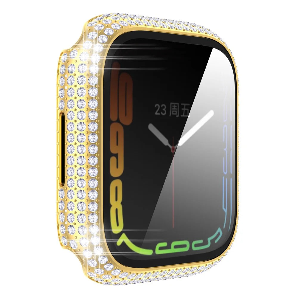 For Apple Watch Series 9 / 8 / 7 41mm Rhinestone Decorated PC  Watch Case with Anti-scratch Tempered Glass Screen Protector - Gold - 6