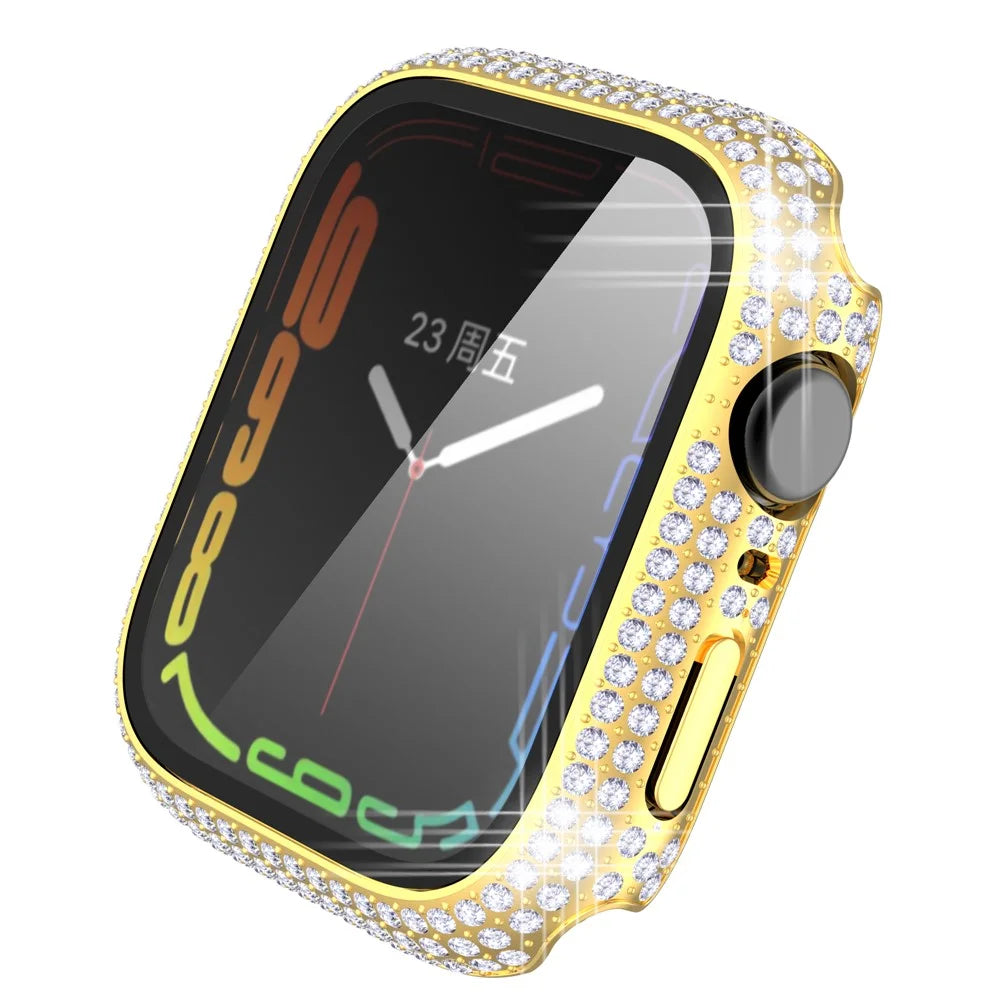 For Apple Watch Series 9 / 8 / 7 41mm Rhinestone Decorated PC  Watch Case with Anti-scratch Tempered Glass Screen Protector - Gold - 7