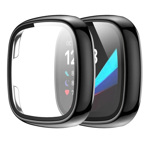 For Fitbit Versa 3/Sense Electroplating Hard PC Case with Tempered Glass Screen Protector Scratch Resistant Smart Watch Case - Black - 1