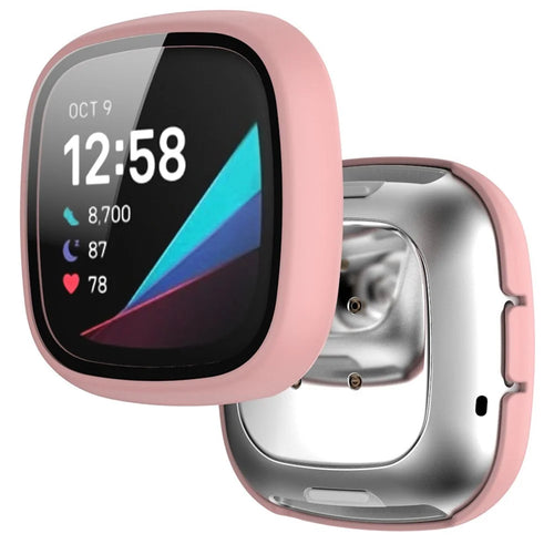 For Fitbit Versa 3/Sense Anti-Scratch Matte Hard PC Case with Tempered Glass Screen Protector Wear-Resistant Smart Watch Cover - Pink - 1