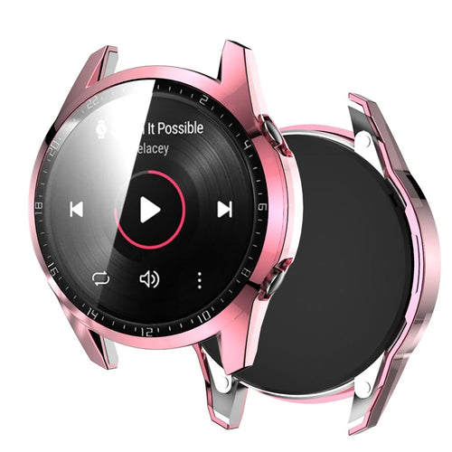 For Huawei Watch GT 2 46mm Stylish Electroplating PC Watch Cover Case with Tempered Glass Screen Protector with Dial Plate - Pink - 1