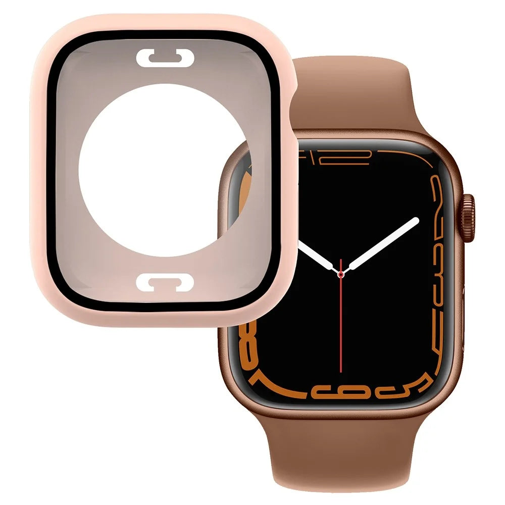 For Apple Watch Series 9 / 8 / 7 41mm Tempered Glass Film Waterproof PC Watch Case with Back Cover - Pink - 1