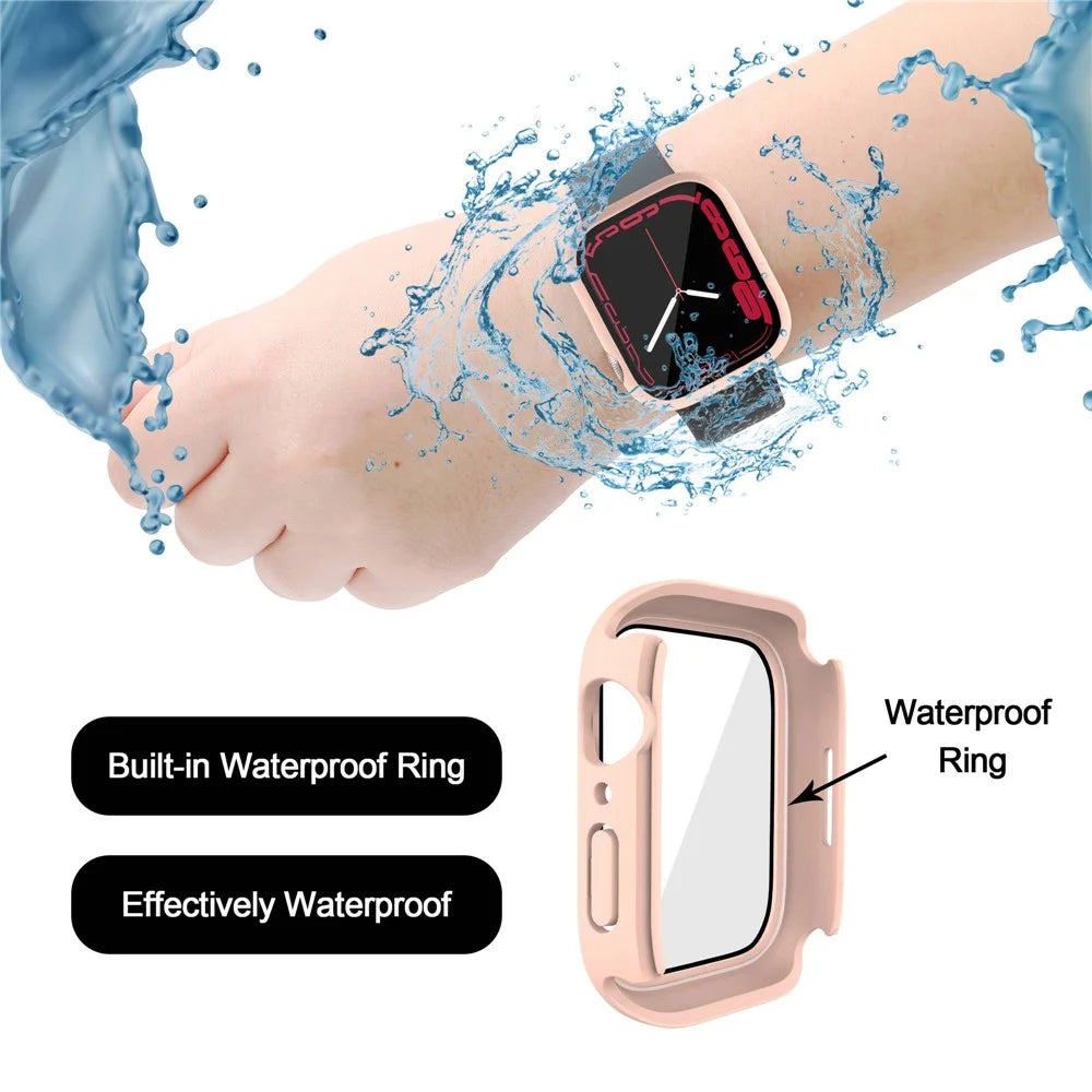 For Apple Watch Series 9 / 8 / 7 41mm Tempered Glass Film Waterproof PC Watch Case with Back Cover - Pink - 4