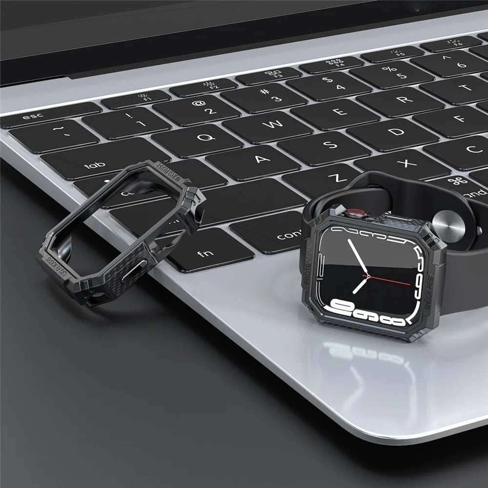 For Apple Watch Series 9 / 8 / 7 45mm Carbon Fiber Texture TPU Smart Watch Case Shockproof Frame - Black / Grey - 7