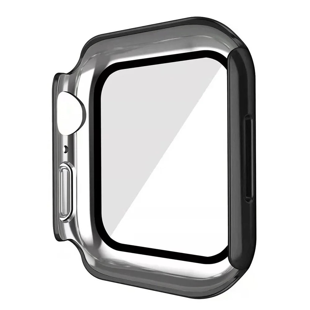 For Apple Watch Series 9 / 8 / 7 45mm Tempered Glass Film Watch Case Dustproof Button Cover Electroplating PC Shell - Black - 3