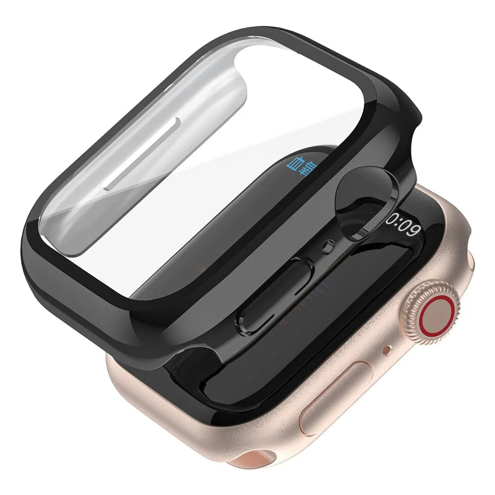 For Apple Watch Series 9 / 8 / 7 45mm Tempered Glass Film Watch Case Dustproof Button Cover Electroplating PC Shell - Black - 4