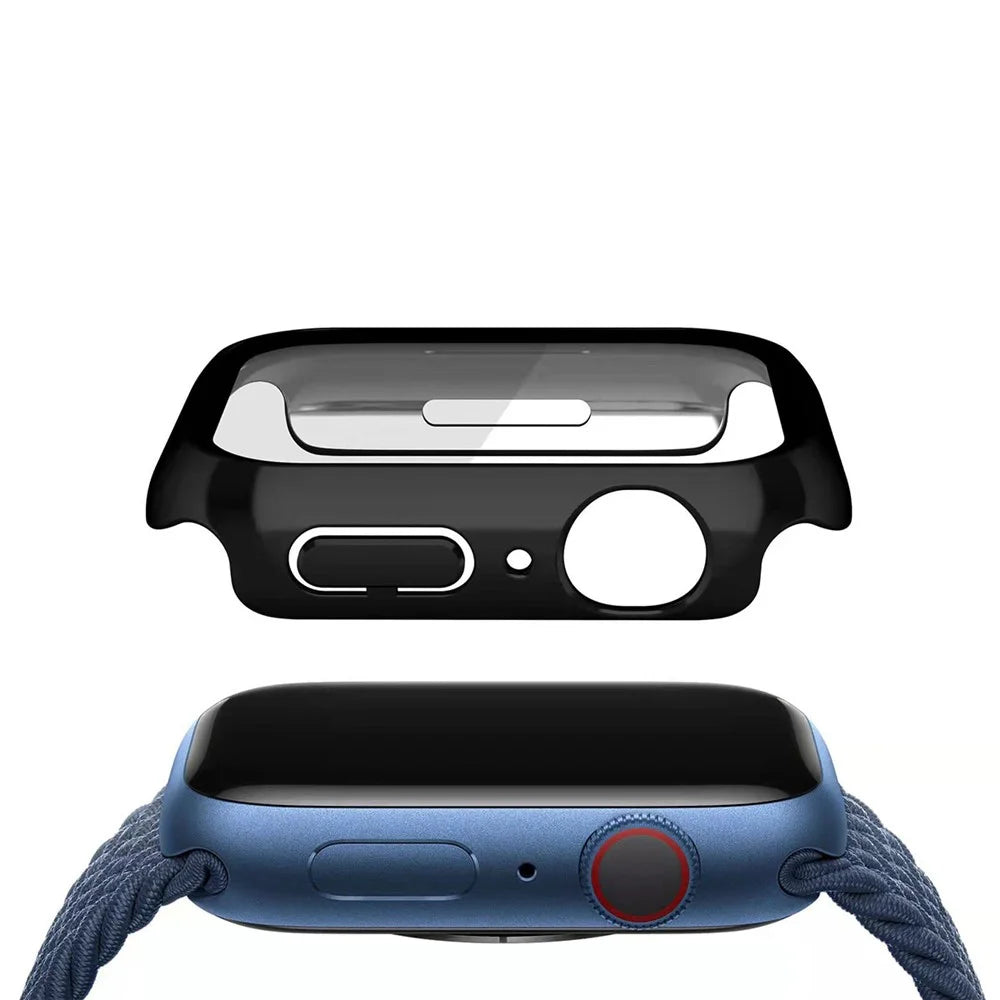 For Apple Watch Series 9 / 8 / 7 45mm Tempered Glass Film Watch Case Dustproof Button Cover Electroplating PC Shell - Black - 5